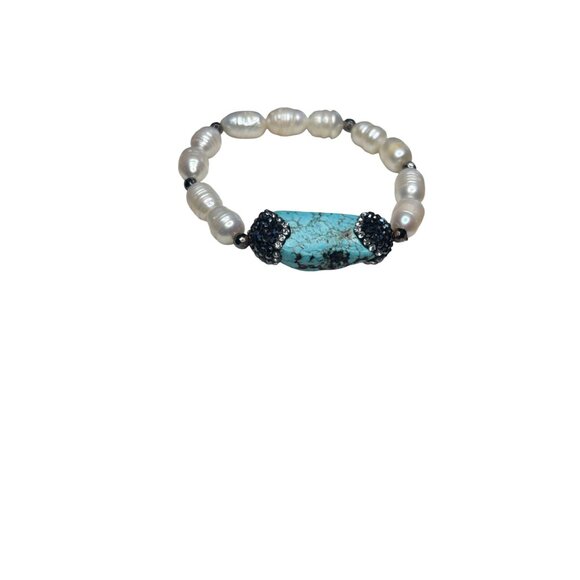 Turquoise & Pearl Stretch Bracelet With Swarovski Crystal Pave Accents - Picture 2 of 12